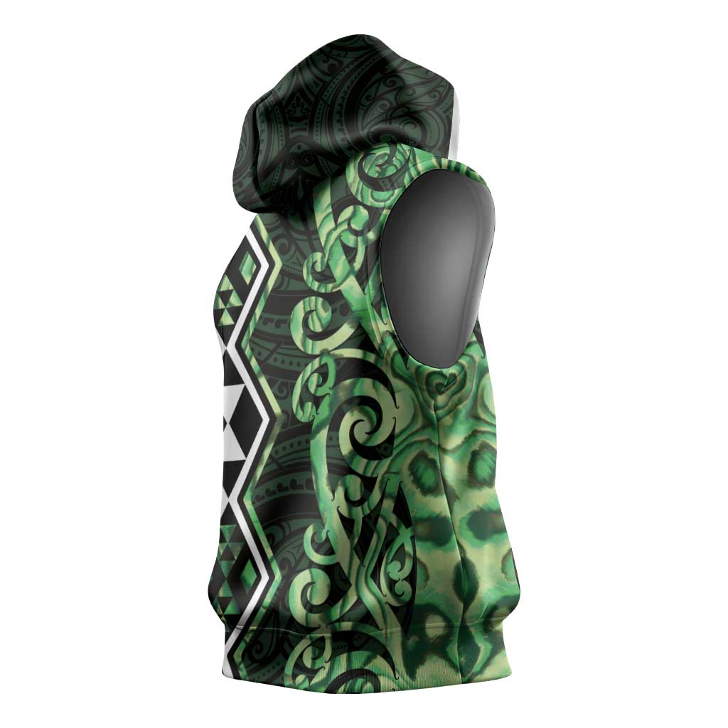 Green Aotearoa Sleeveless Hoodie Taniko Motifs With Paua Shell Kowhaiwhai - Aussie Hoodie