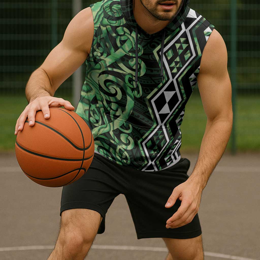 Green Aotearoa Sleeveless Hoodie Taniko Motifs With Paua Shell Kowhaiwhai - Aussie Hoodie