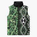 Green Aotearoa Sleeveless Puffer Jacket Taniko Motifs With Paua Shell Kowhaiwhai - Aussie Hoodie