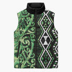 Green Aotearoa Sleeveless Puffer Jacket Taniko Motifs With Paua Shell Kowhaiwhai - Aussie Hoodie