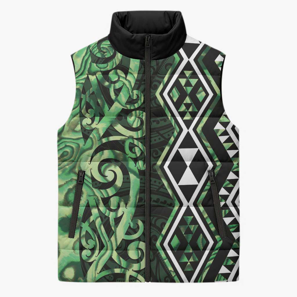 Green Aotearoa Sleeveless Puffer Jacket Taniko Motifs With Paua Shell Kowhaiwhai - Aussie Hoodie