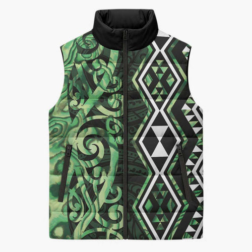 Green Aotearoa Sleeveless Puffer Jacket Taniko Motifs With Paua Shell Kowhaiwhai - Aussie Hoodie