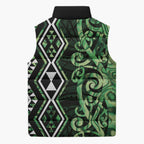 Green Aotearoa Sleeveless Puffer Jacket Taniko Motifs With Paua Shell Kowhaiwhai - Aussie Hoodie