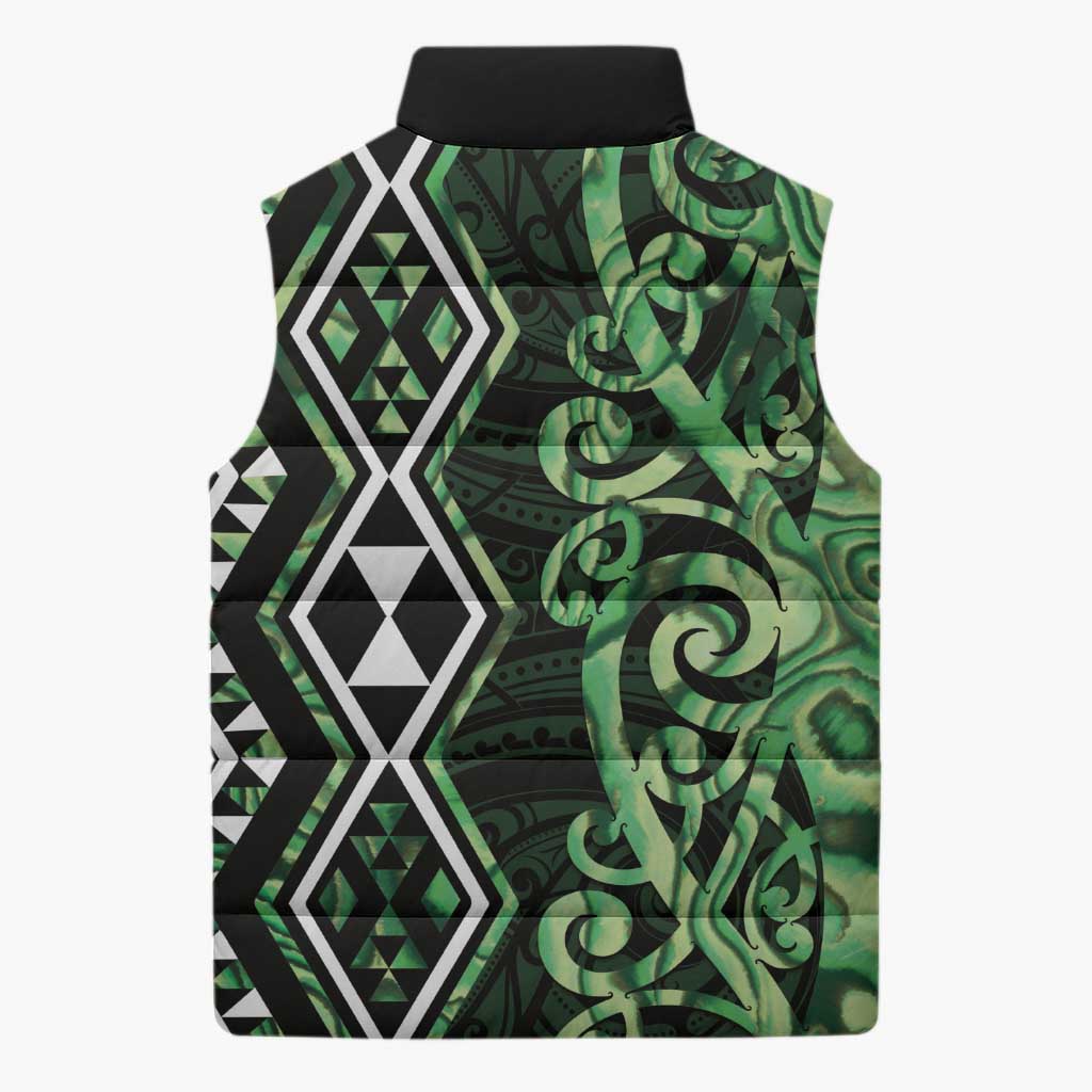 Green Aotearoa Sleeveless Puffer Jacket Taniko Motifs With Paua Shell Kowhaiwhai - Aussie Hoodie
