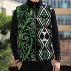 Green Aotearoa Sleeveless Puffer Jacket Taniko Motifs With Paua Shell Kowhaiwhai - Aussie Hoodie