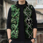 Green Aotearoa Sleeveless Puffer Jacket Taniko Motifs With Paua Shell Kowhaiwhai - Aussie Hoodie