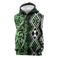 Green Aotearoa Sleeveless Zip Hoodie Taniko Motifs With Paua Shell Kowhaiwhai LT14