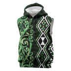 Green Aotearoa Sleeveless Zip Hoodie Taniko Motifs With Paua Shell Kowhaiwhai LT14