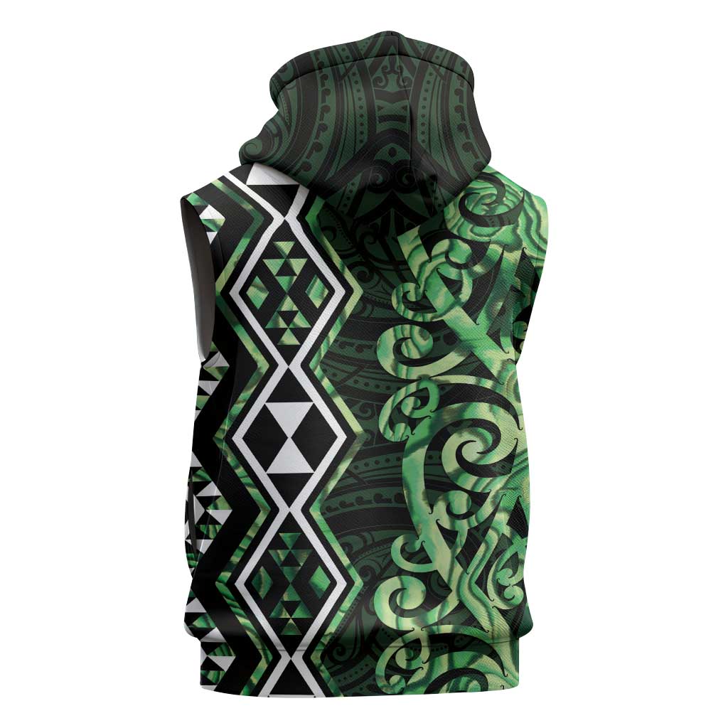 Green Aotearoa Sleeveless Zip Hoodie Taniko Motifs With Paua Shell Kowhaiwhai LT14