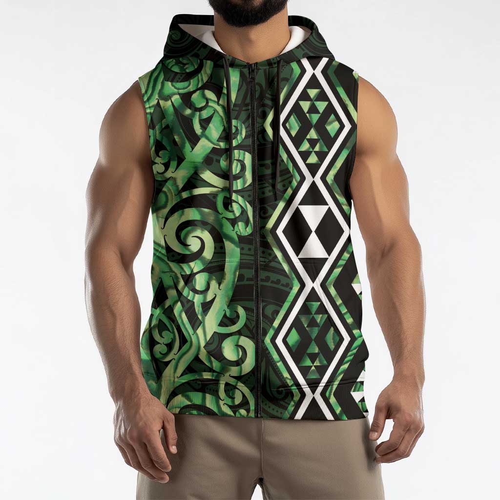 Green Aotearoa Sleeveless Zip Hoodie Taniko Motifs With Paua Shell Kowhaiwhai LT14