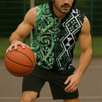 Green Aotearoa Sleeveless Zip Hoodie Taniko Motifs With Paua Shell Kowhaiwhai LT14