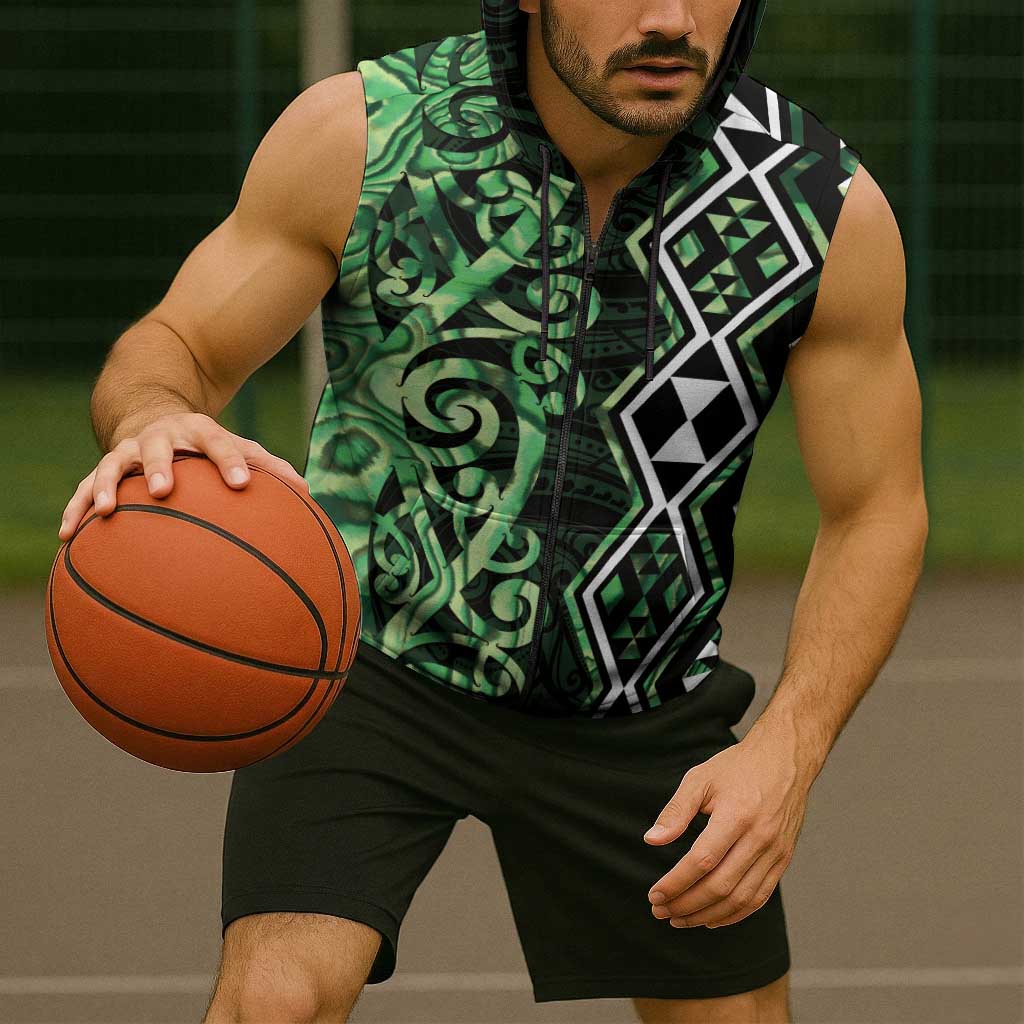 Green Aotearoa Sleeveless Zip Hoodie Taniko Motifs With Paua Shell Kowhaiwhai LT14