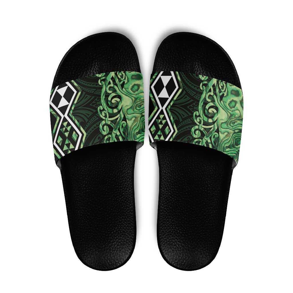 Green Aotearoa Slide Sandals Taniko Motifs With Paua Shell Kowhaiwhai - Aussie Hoodie