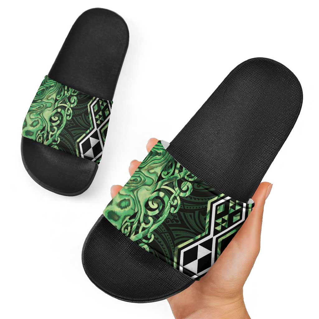 Green Aotearoa Slide Sandals Taniko Motifs With Paua Shell Kowhaiwhai - Aussie Hoodie