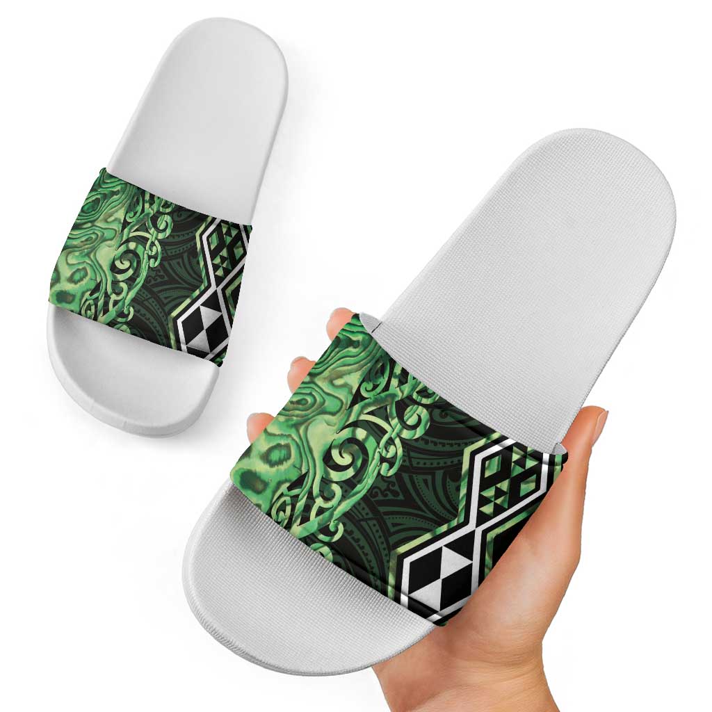 Green Aotearoa Slide Sandals Taniko Motifs With Paua Shell Kowhaiwhai - Aussie Hoodie