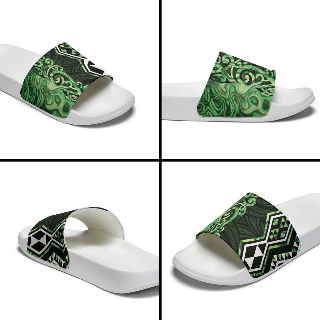 Green Aotearoa Slide Sandals Taniko Motifs With Paua Shell Kowhaiwhai - Aussie Hoodie