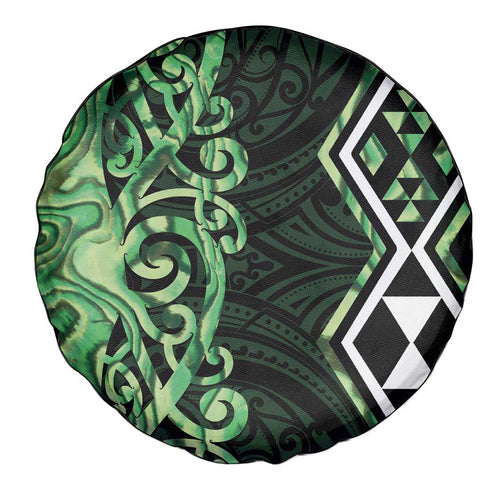 Green Aotearoa Spare Tire Cover Taniko Motifs With Paua Shell Kowhaiwhai