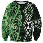 Green Aotearoa Sweatshirt Taniko Motifs With Paua Shell Kowhaiwhai
