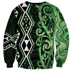 Green Aotearoa Sweatshirt Taniko Motifs With Paua Shell Kowhaiwhai