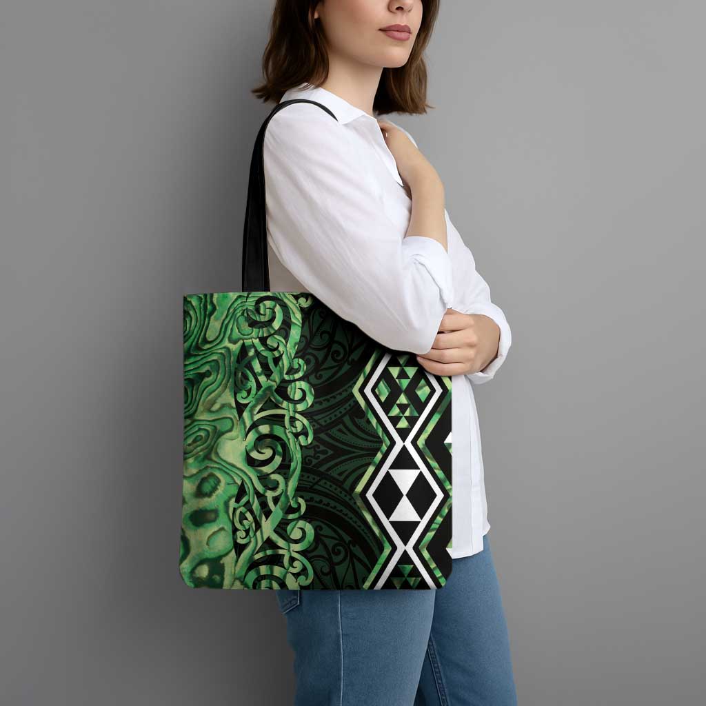 Green Aotearoa Tote Bag Taniko Motifs With Paua Shell Kowhaiwhai - Aussie Hoodie