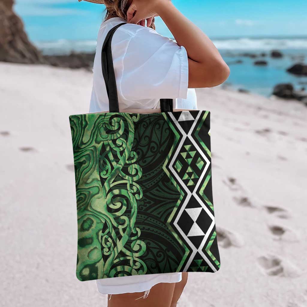 Green Aotearoa Tote Bag Taniko Motifs With Paua Shell Kowhaiwhai - Aussie Hoodie