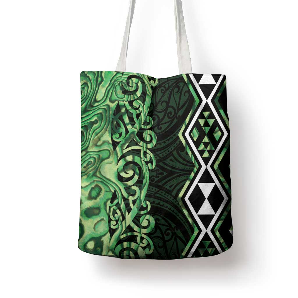 Green Aotearoa Tote Bag Taniko Motifs With Paua Shell Kowhaiwhai - Aussie Hoodie