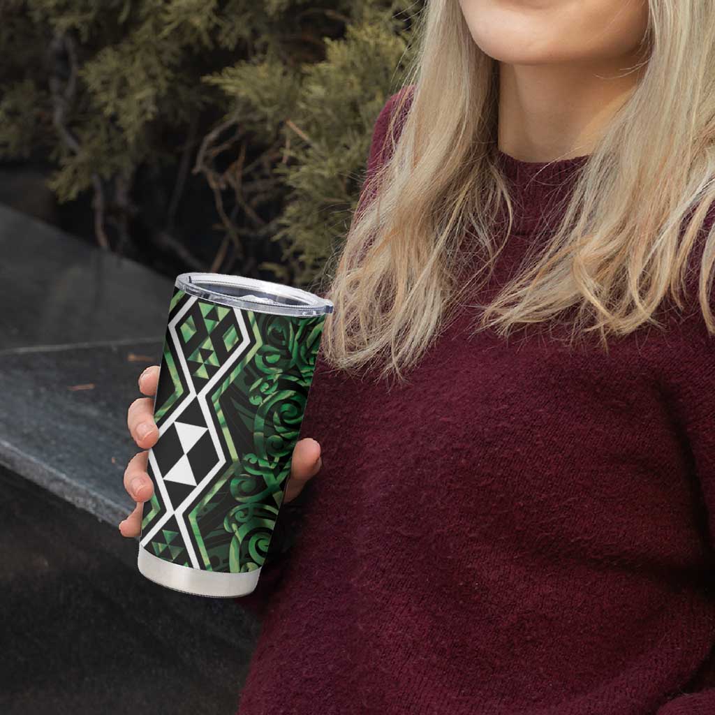 Green Aotearoa Tumbler Cup Taniko Motifs With Paua Shell Kowhaiwhai