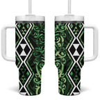 Green Aotearoa Tumbler With Handle Taniko Motifs With Paua Shell Kowhaiwhai