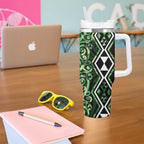 Green Aotearoa Tumbler With Handle Taniko Motifs With Paua Shell Kowhaiwhai