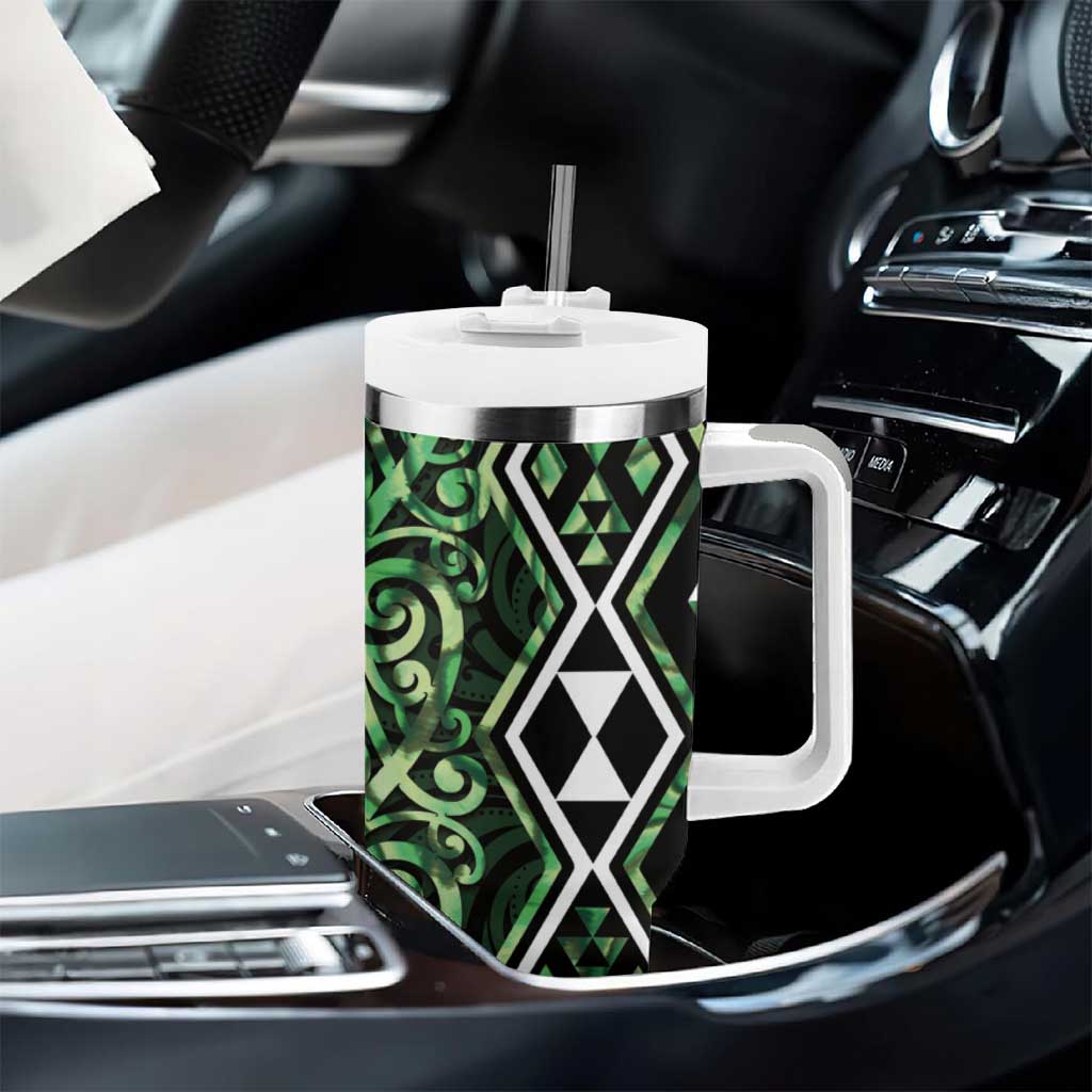Green Aotearoa Tumbler With Handle Taniko Motifs With Paua Shell Kowhaiwhai