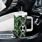 Green Aotearoa Tumbler With Handle Taniko Motifs With Paua Shell Kowhaiwhai