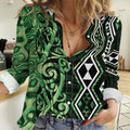 Green Aotearoa Women Casual Shirt Taniko Motifs With Paua Shell Kowhaiwhai