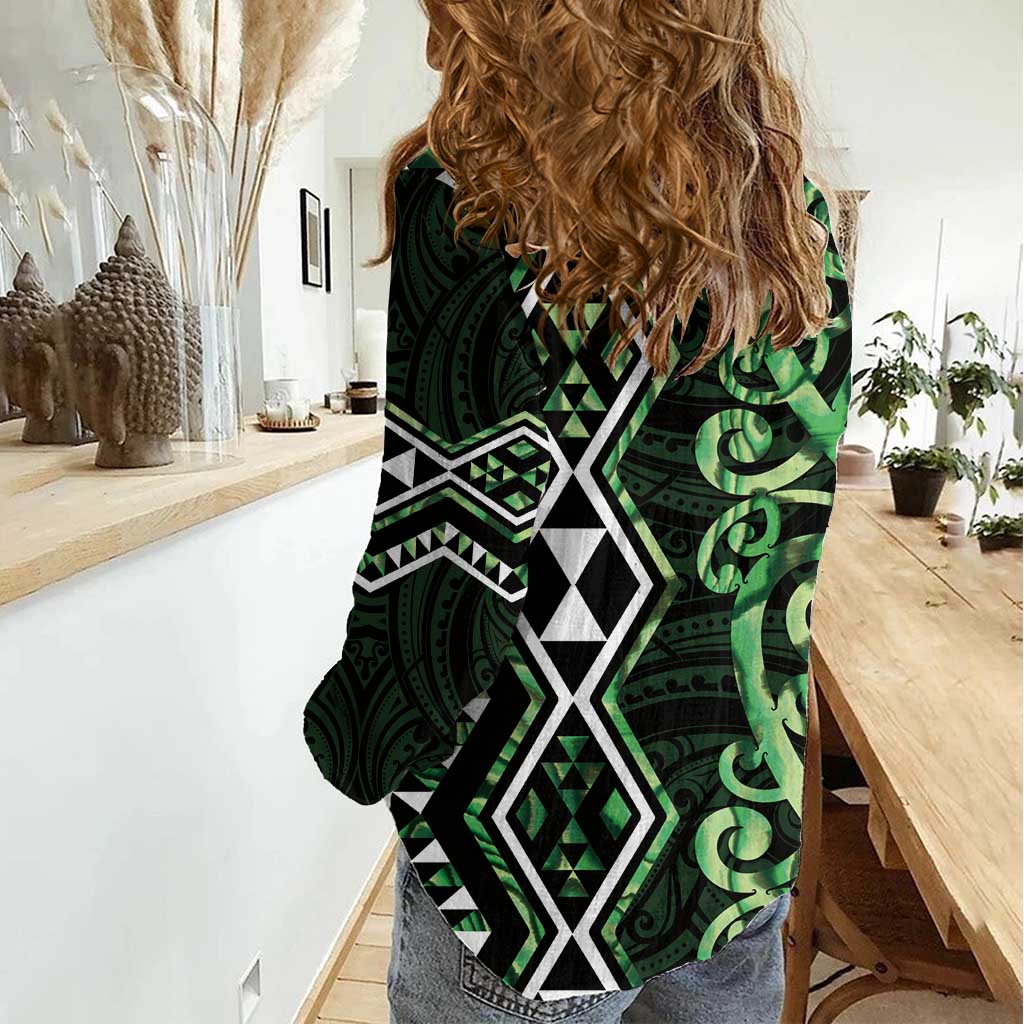 Green Aotearoa Women Casual Shirt Taniko Motifs With Paua Shell Kowhaiwhai