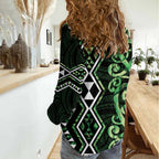 Green Aotearoa Women Casual Shirt Taniko Motifs With Paua Shell Kowhaiwhai