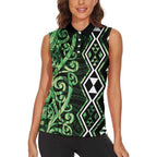 Green Aotearoa Women Sleeveless Polo Shirt Taniko Motifs With Paua Shell Kowhaiwhai