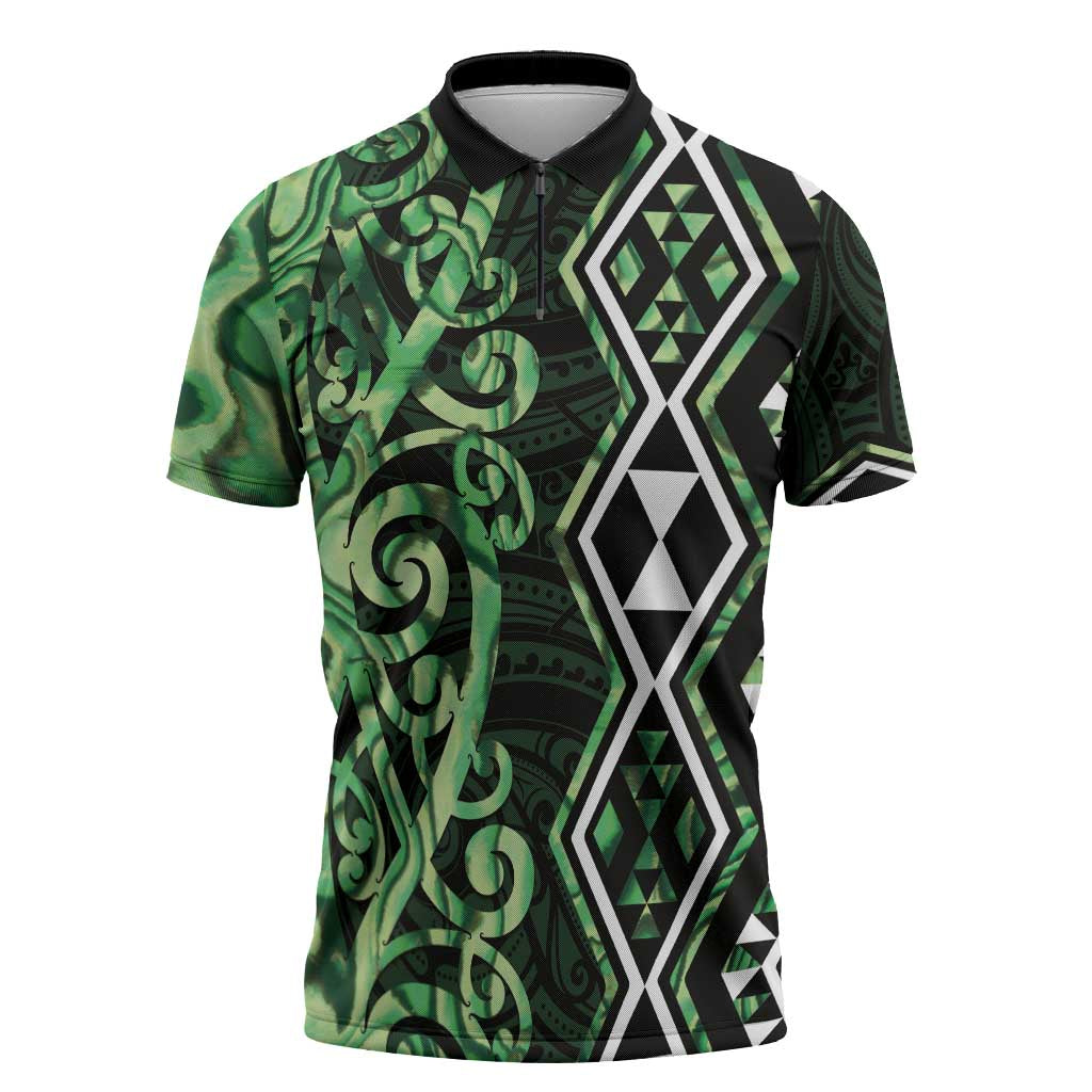 Green Aotearoa Zipper Polo Shirt Taniko Motifs With Paua Shell Kowhaiwhai - Aussie Hoodie