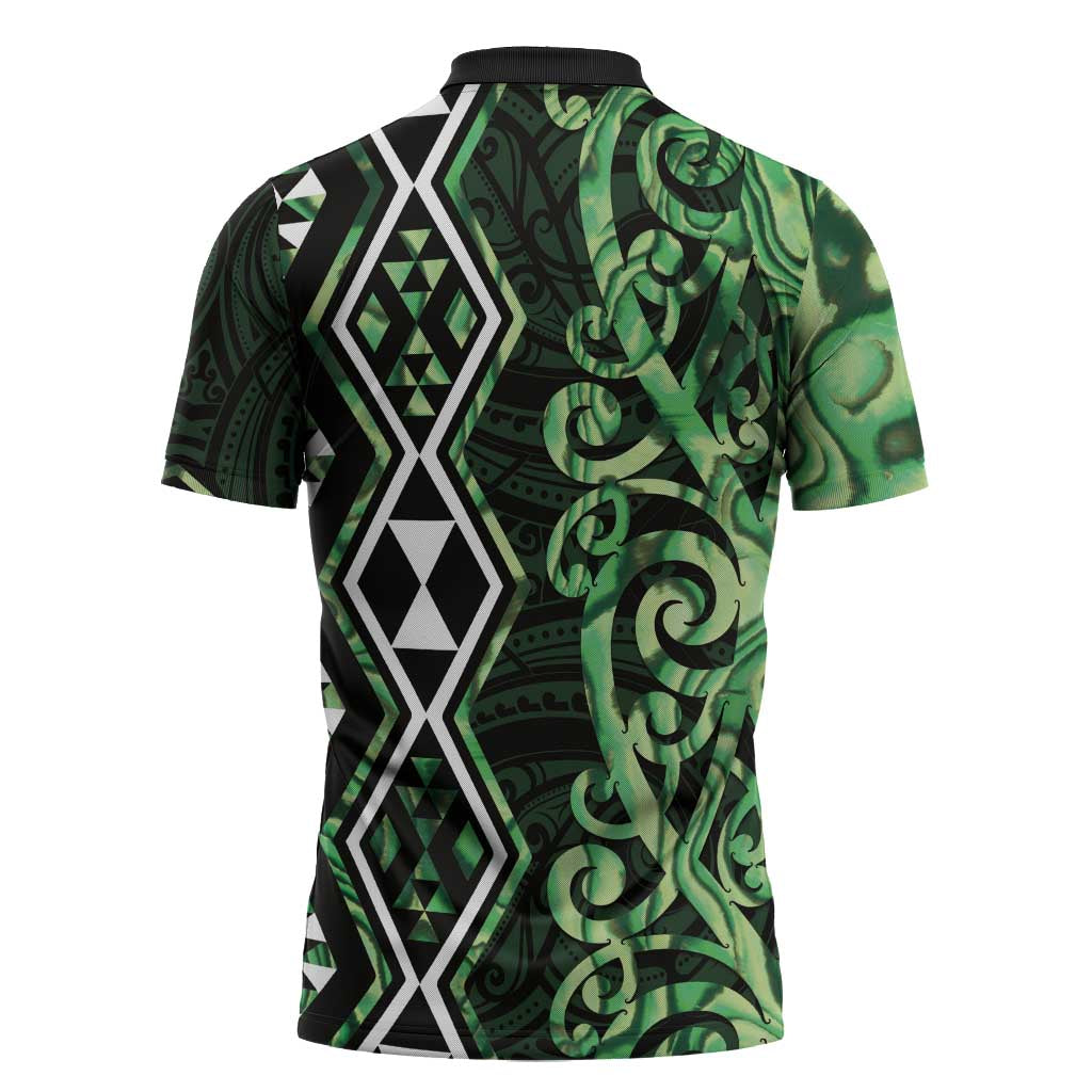 Green Aotearoa Zipper Polo Shirt Taniko Motifs With Paua Shell Kowhaiwhai - Aussie Hoodie