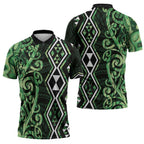 Green Aotearoa Zipper Polo Shirt Taniko Motifs With Paua Shell Kowhaiwhai - Aussie Hoodie