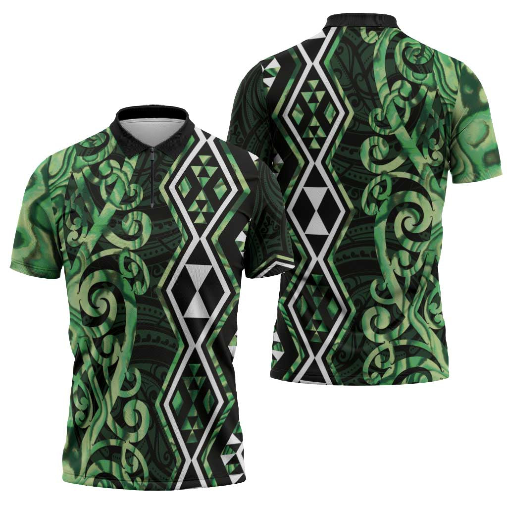 Green Aotearoa Zipper Polo Shirt Taniko Motifs With Paua Shell Kowhaiwhai - Aussie Hoodie
