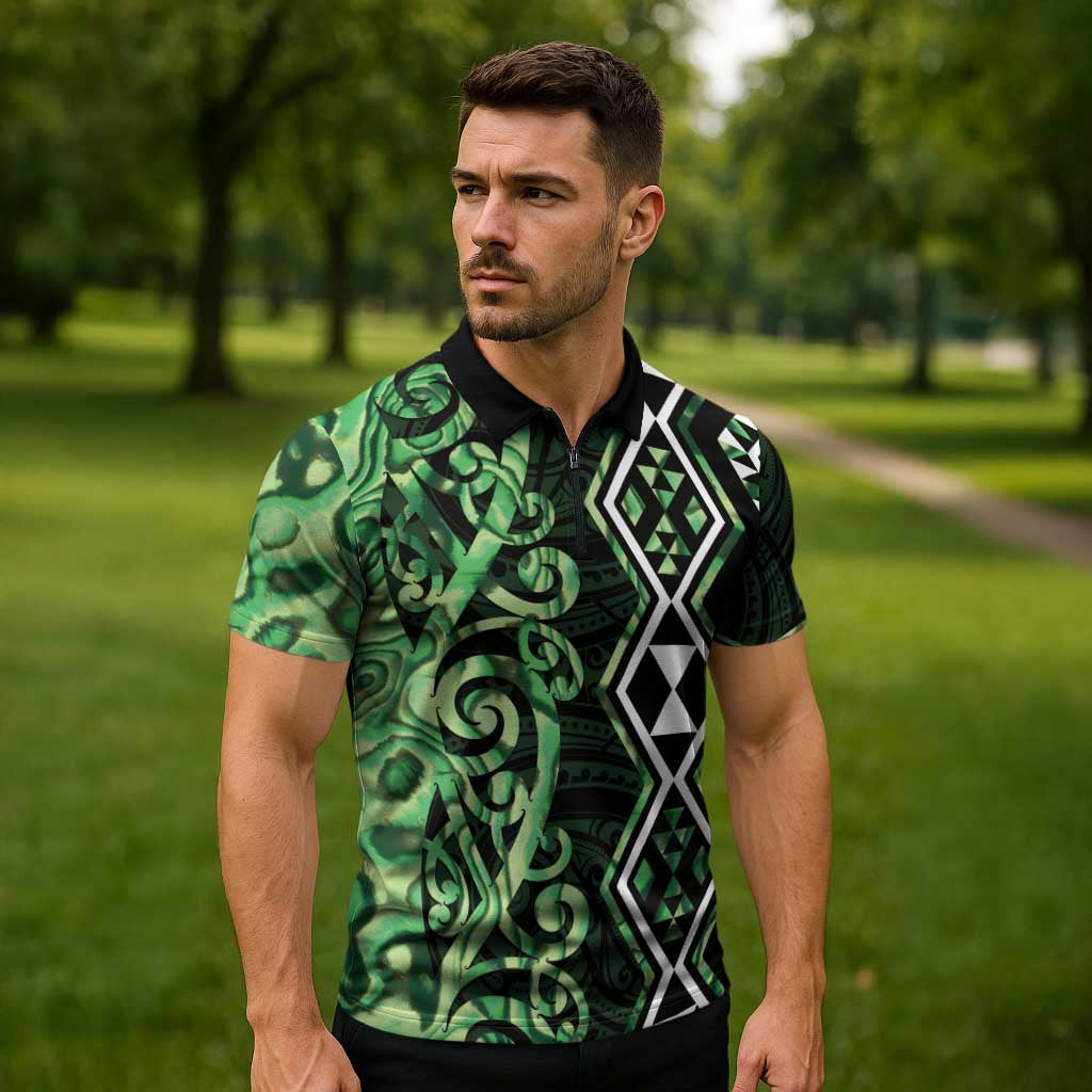 Green Aotearoa Zipper Polo Shirt Taniko Motifs With Paua Shell Kowhaiwhai - Aussie Hoodie