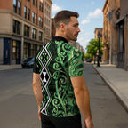 Green Aotearoa Zipper Polo Shirt Taniko Motifs With Paua Shell Kowhaiwhai - Aussie Hoodie