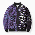 Purple Aotearoa Bomber Puffer Jacket Taniko Motifs With Paua Shell Kowhaiwhai - Aussie Hoodie