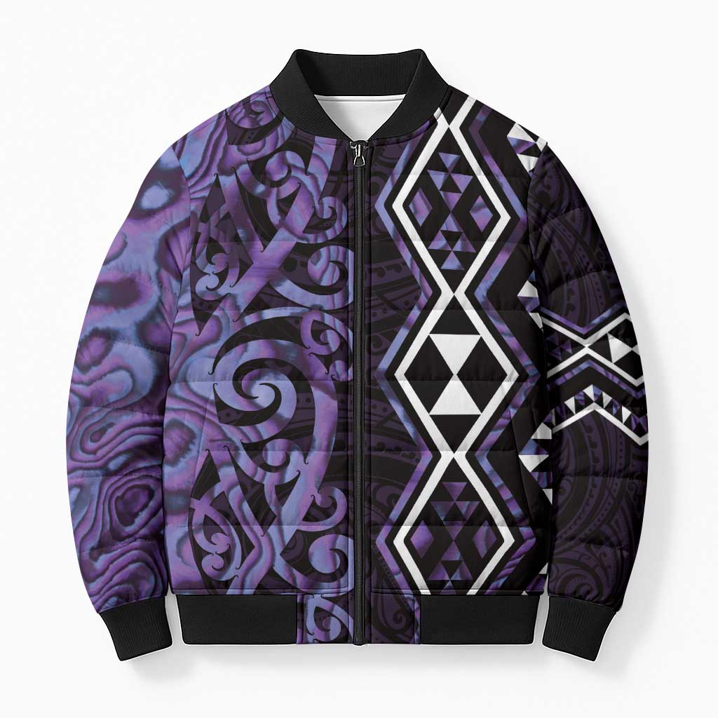 Purple Aotearoa Bomber Puffer Jacket Taniko Motifs With Paua Shell Kowhaiwhai - Aussie Hoodie