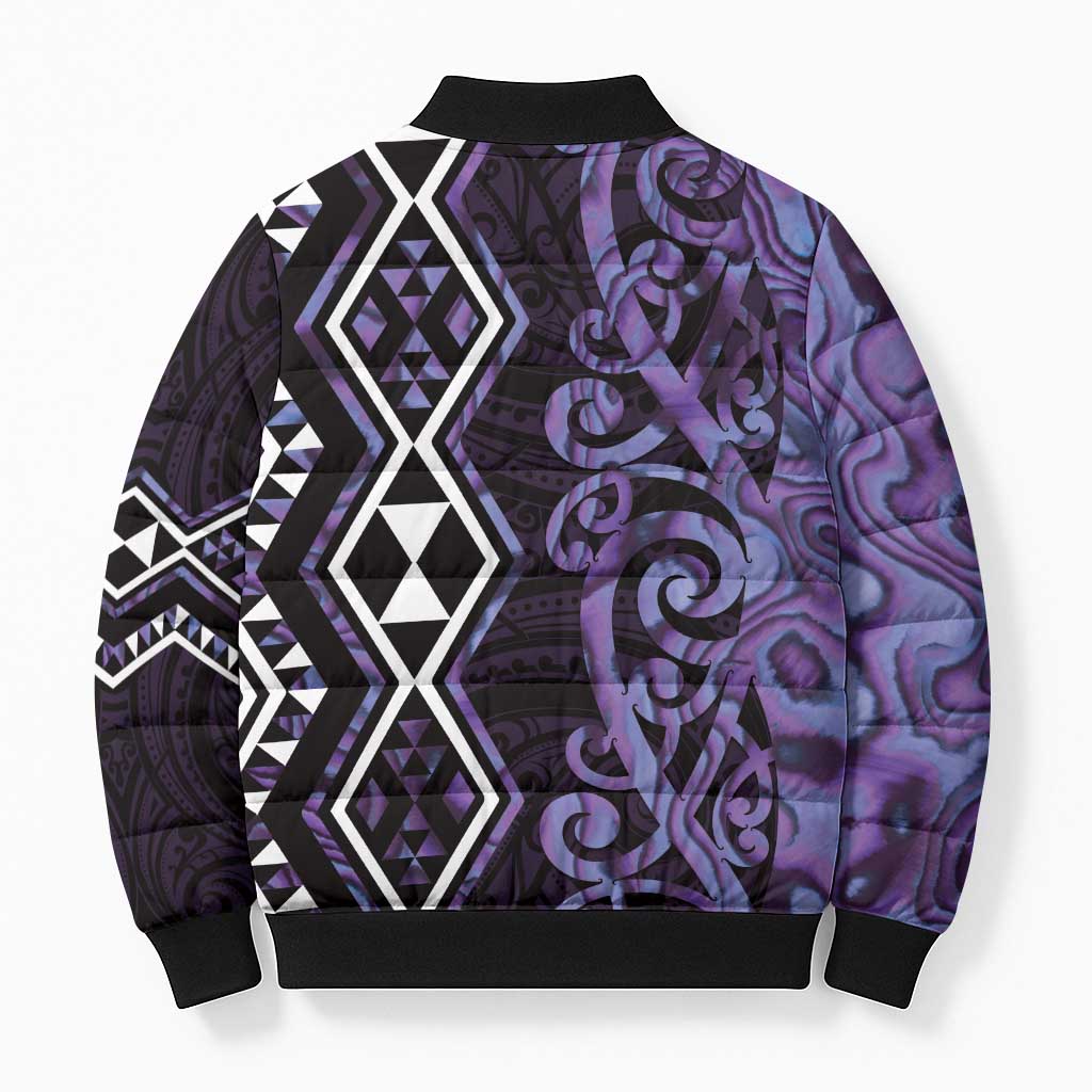 Purple Aotearoa Bomber Puffer Jacket Taniko Motifs With Paua Shell Kowhaiwhai - Aussie Hoodie