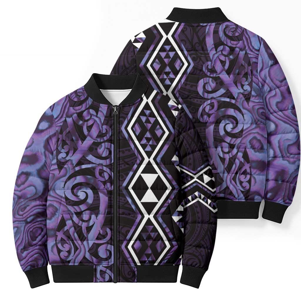 Purple Aotearoa Bomber Puffer Jacket Taniko Motifs With Paua Shell Kowhaiwhai - Aussie Hoodie