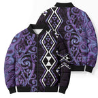 Purple Aotearoa Bomber Puffer Jacket Taniko Motifs With Paua Shell Kowhaiwhai - Aussie Hoodie