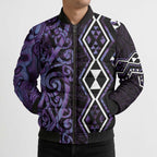 Purple Aotearoa Bomber Puffer Jacket Taniko Motifs With Paua Shell Kowhaiwhai - Aussie Hoodie