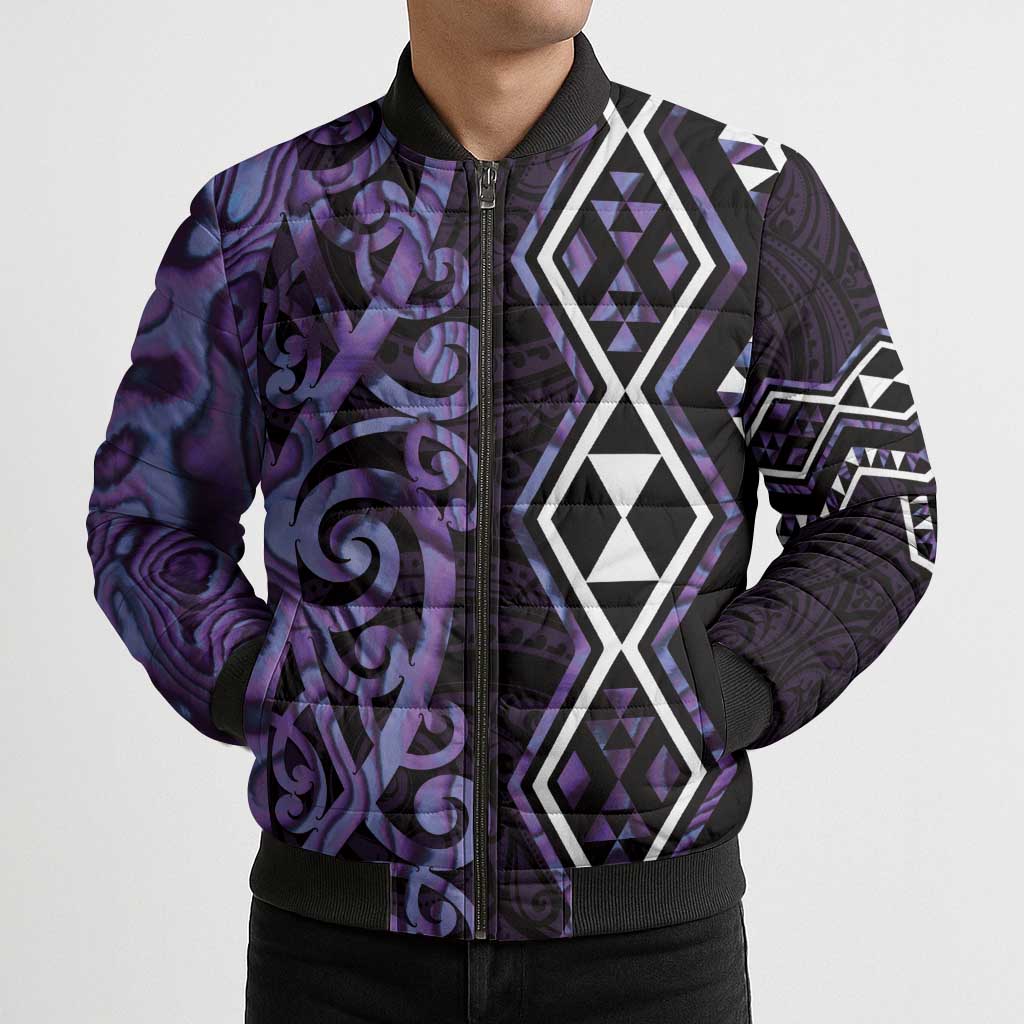 Purple Aotearoa Bomber Puffer Jacket Taniko Motifs With Paua Shell Kowhaiwhai - Aussie Hoodie