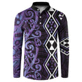 Purple Aotearoa Button Sweatshirt Taniko Motifs With Paua Shell Kowhaiwhai