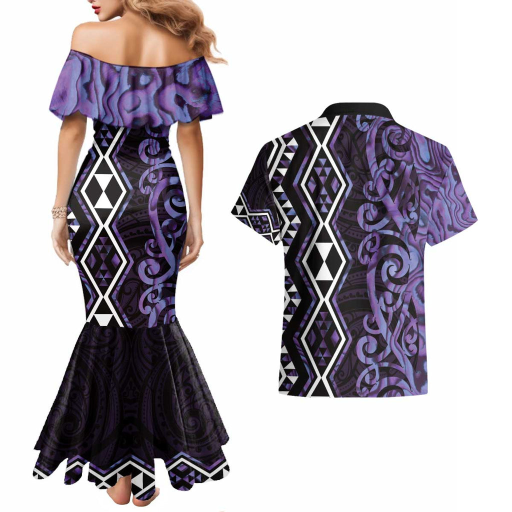 Purple Aotearoa Couples Matching Mermaid Dress and Hawaiian Shirt Taniko Motifs With Paua Shell Kowhaiwhai